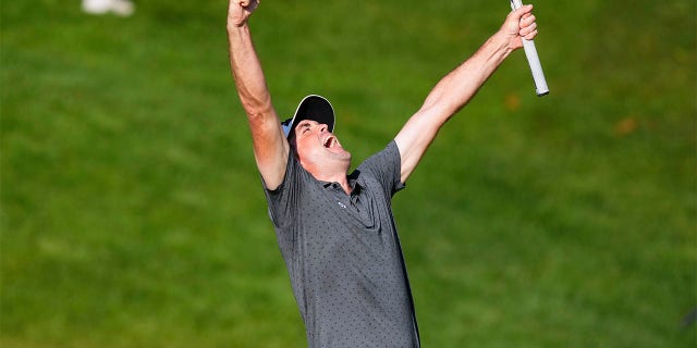 Keegan Bradley celebrates winning Travelers Championship