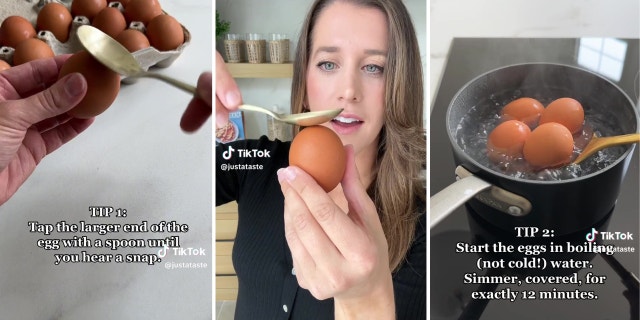 Kelly Senyei tests egg-tapping hack before boiling her eggs.
