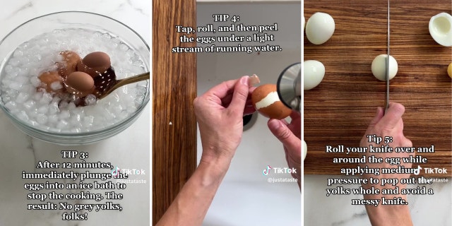 Kelly Senyei dips boiled eggs in ice water, peels eggs by hand over a sink and slices with a chef knife.