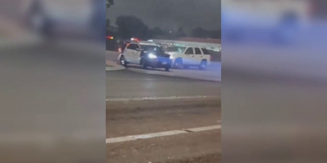 A white SUV collides with a police patrol vehicle in Los Angeles County