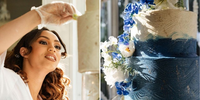 Lilly Mendoza (left) decorates wedding cake. A white and blue wedding cake (right) with a cascading floral vine.