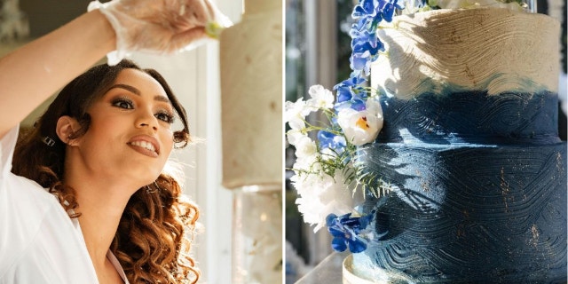 Lilly Mendoza (left) decorates wedding cake. A white and blue wedding cake (right) with a cascading floral vine.
