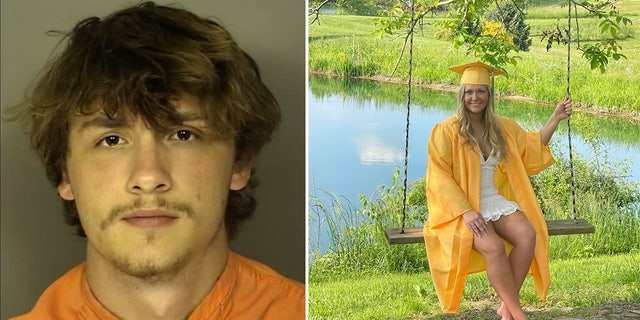 Booking photo for Blake Linkous next to Natalie Martin wearing a yellow gown and sitting on a swing.