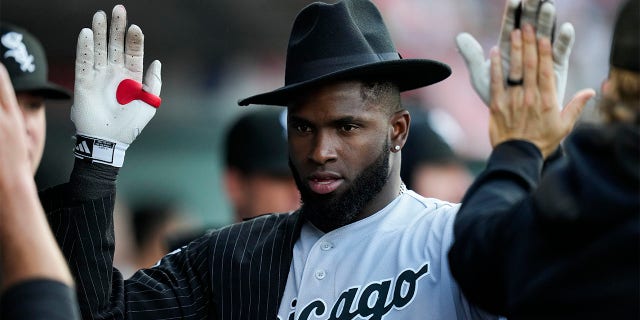 Luis Robert Jr. celebrates in dugout