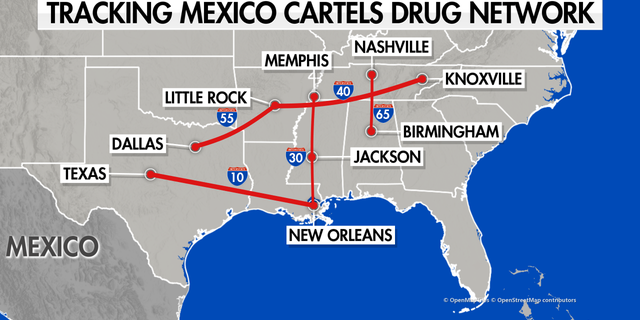 Map highlighting several interstate routes that are major drug trafficking routes in the U.S.
