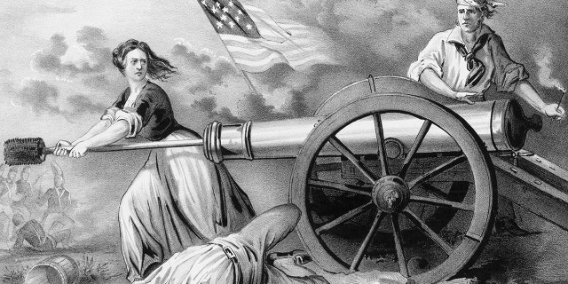 Molly Pitcher loads a cannon