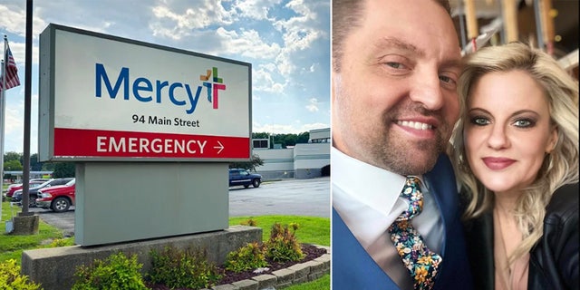 Mercy Hospital's sign next to John and his fiance posing in a photo. 