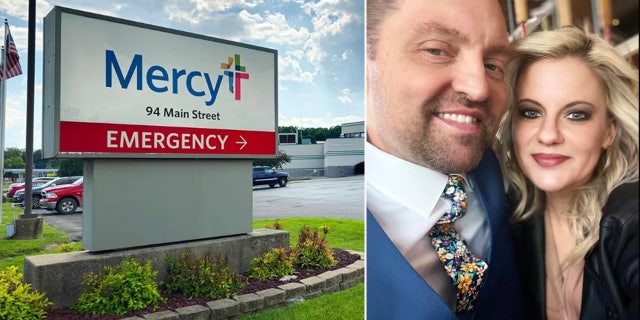 Mercy Hospital's sign next to John and his fiance posing in a photo.