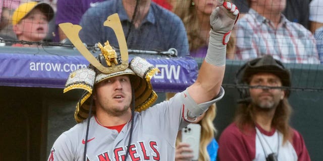 Mike Trout wears a viking helmet