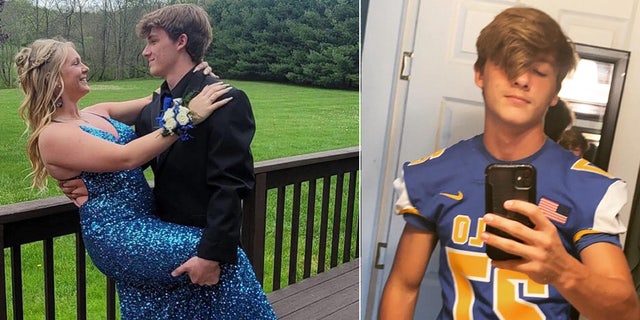 Blake holds Natalie in a blue sequin dress next to a selfie of him in his high school football jersey.