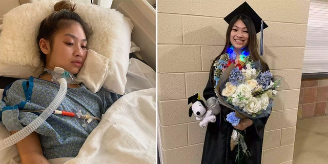 Emmalyn Nguyen in a hospital bed next to a photo of her in a cap and gown.