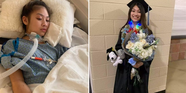Emmalyn Nguyen in a hospital bed next to a photo of her in a cap and gown.