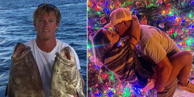 Nulisch poses with two fish he caught next to a photo of him kissing Holbrook in front of a Christmas display.