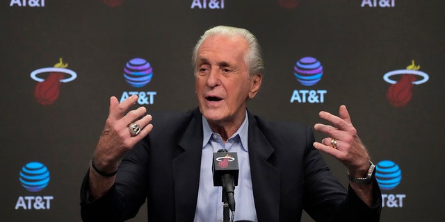 Miami Heat president Pat Riley speaks at a press conference 