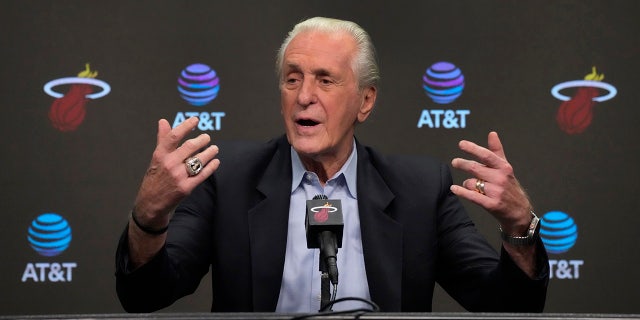 Miami Heat president Pat Riley speaks at a press conference