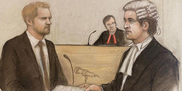 Court sketch of Prince Harry in court speaking to a barrister