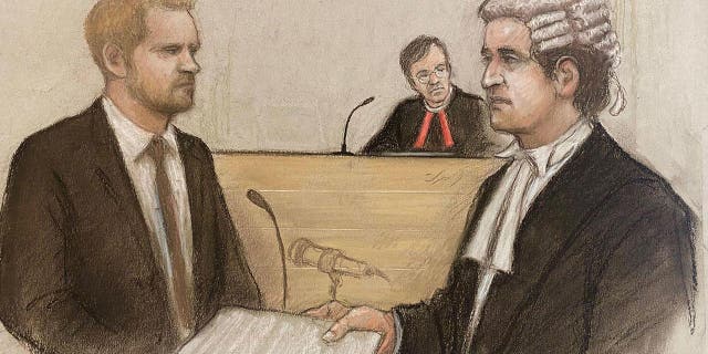 Court sketch of Prince Harry in court speaking to a barrister