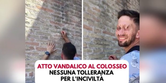 Man seen carving names into a wall of Rome's colosseum