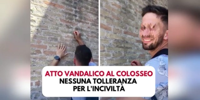 Man seen carving names into a wall of Romes colosseum