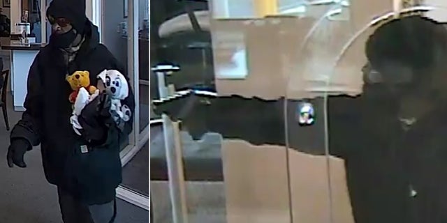 bank robbery suspect holding stuffed animals, holding gun