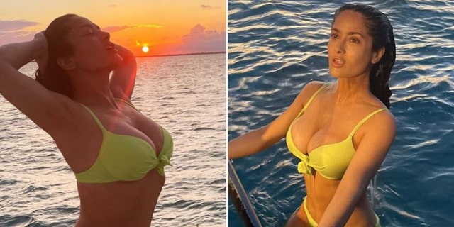 Salma Hayek posing on a boat in a yellow bikini