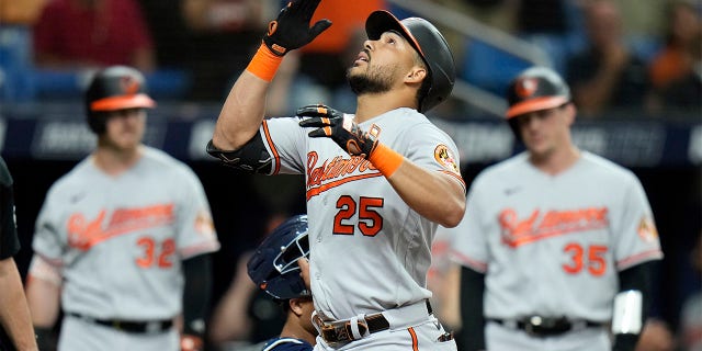 Anthony Santander celebrates home run