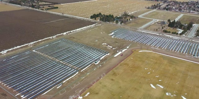 A drone image of the Scottsbluff, Nebraska, solar project in March 2020.