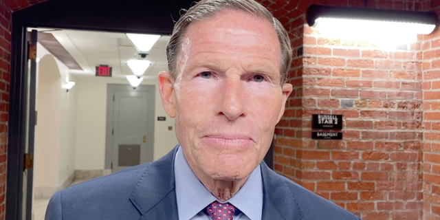 Senator Richard Blumenthal is interviewed in the Senate basement hallway