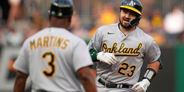 Shea Langeliers celebrates after hitting home run