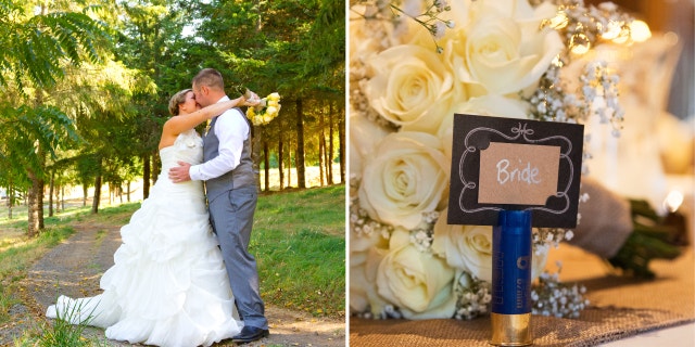 Left: Newlyweds hug and kiss. Right: Blue shotgun shell placeholder for bride.