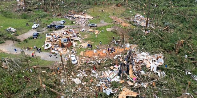 An aerial view of Mississippi tornado damage