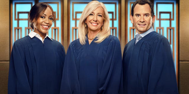 Judge Tanya Acker, Judge Patricia DiMango, Judge Adam Levy pose in blue robes