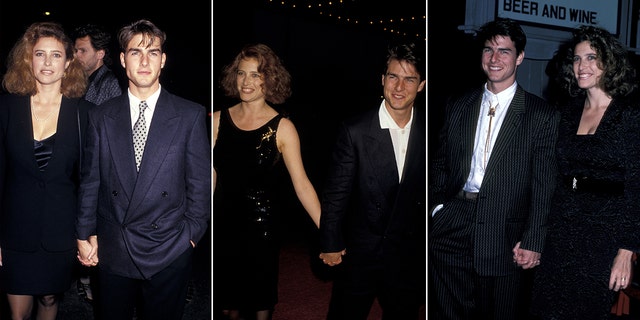 Three split of Tom Cruise and Mimi Rogers holding hands on the red carpet