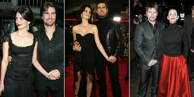 Three split of Tom Cruise posing with Penelope Cruz on the red carpet.