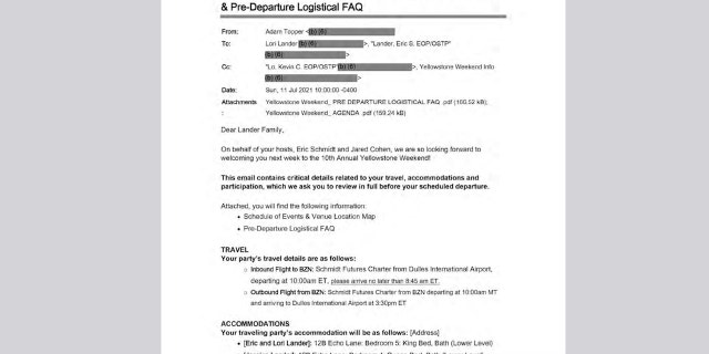 Schmidt's assistant informs Lander of his travel arrangements, which include private jet travel to and from Montana for the retreat, in a message to his White House email address.