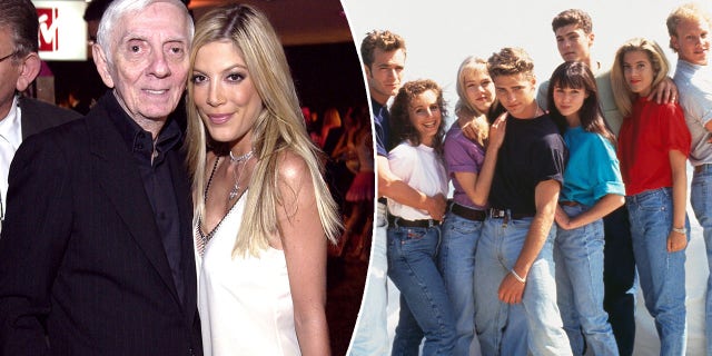Aaron Spelling with Tori Spelling split with photo of "90210" cast
