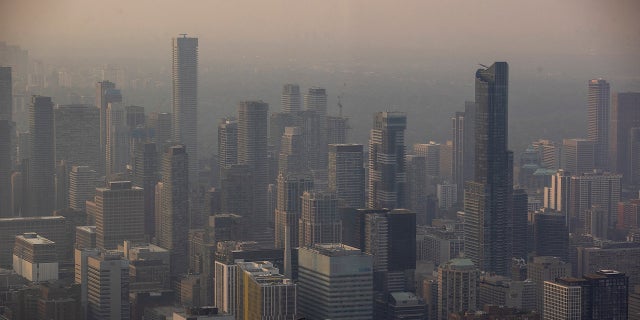 Toronto skyline seen with wildfire smoke