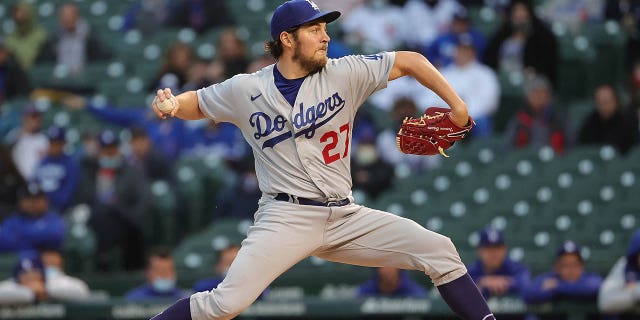 Trevor Bauer pitches for the Dodgers