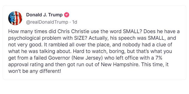 Trump Truth Social post on Chris Christie