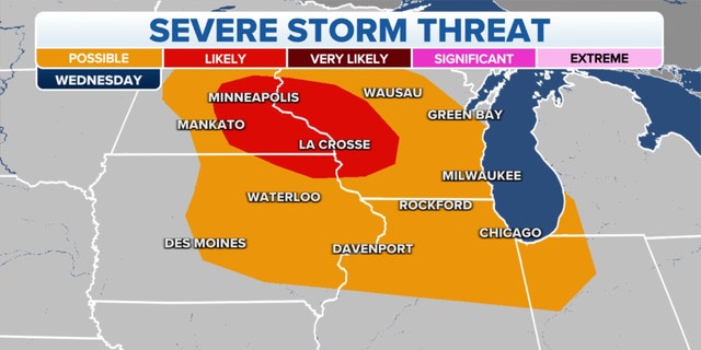 A map of severe storm threats in the Midwest, Ohio Valley