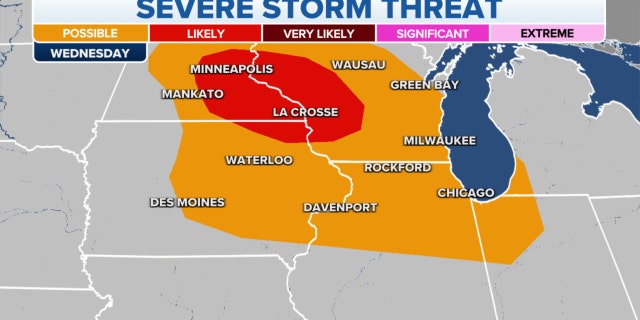 A map of severe storm threats in the Midwest, Ohio Valley