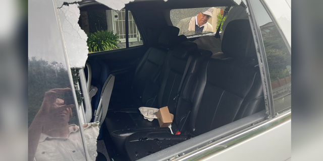 Interior shot of Shelby Steele's damaged rental car