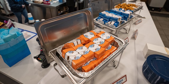 White Castle food served in catering pans.
