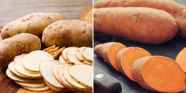 Sliced white potatoes (left). Sliced sweet potatoes (right).