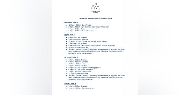 The Yellowstone Weekend 2021 schedule of events is pictured. The document, obtained through Lander's emails, gives insight into Schmidt's secretive retreat in Montana.