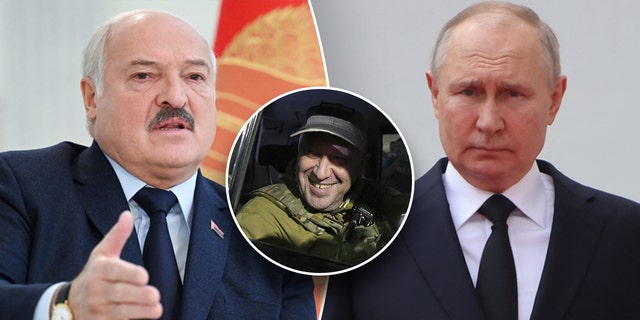 A split image shows Belarusian President Alexander Lukashenko, Wagner Group leader Yevgeny Prigozhin, and Russian President Vladimir Putin