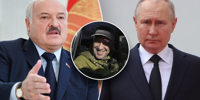 A split image shows Belarusian President Alexander Lukashenko, Wagner Group leader Yevgeny Prigozhin, and Russian President Vladimir Putin