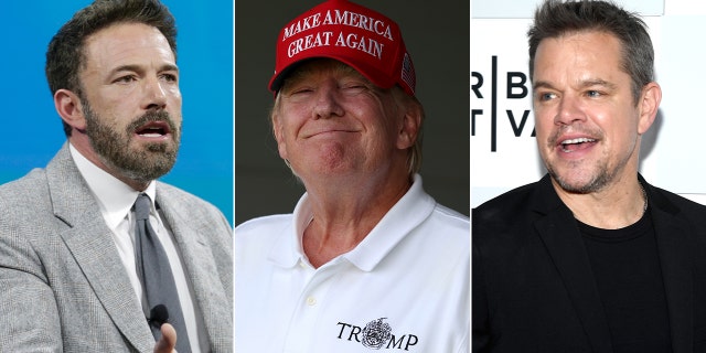 Ben Affleck in a grey suit looks heated split Donald Trump in a white shirt and MAGA hat, split Matt Damon in black looking to his right