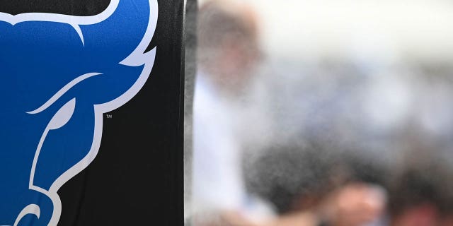The Buffalo Bulls logo on a sideline