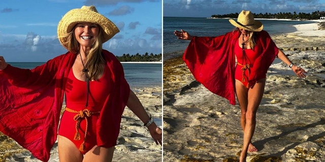 Christie Brinkley in a red bathing suit in Turks and Caicos